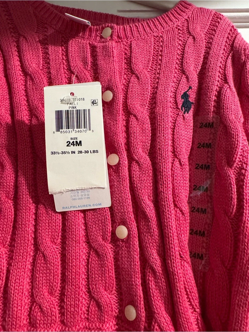 Ralph Lauren Hot Pink Cable Knit Cardigan with Polo Logo